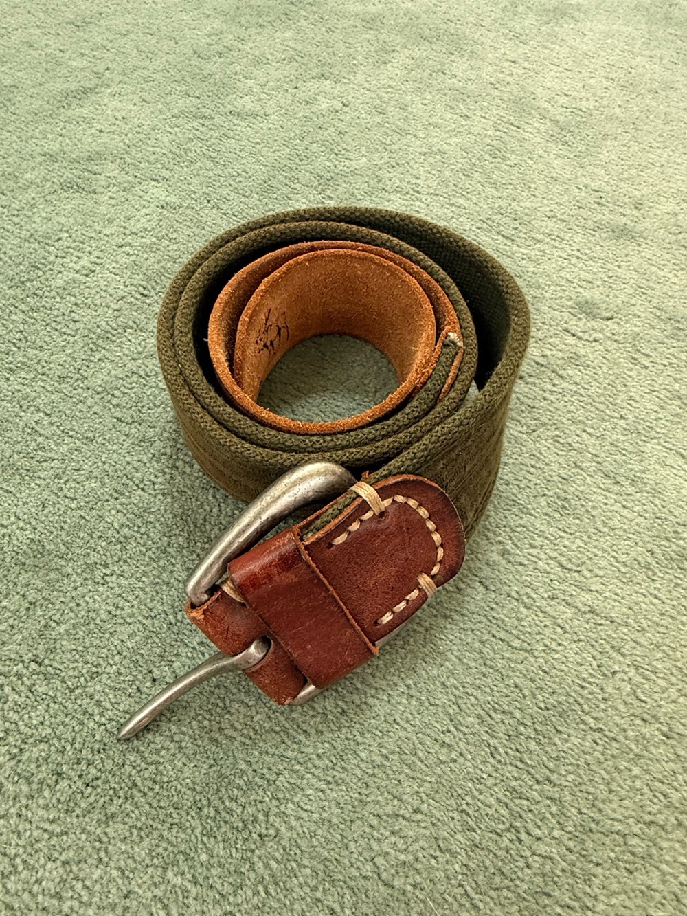 Abercrombie & Fitch Olive Green Canvas Belt with Brown Leather Buckle